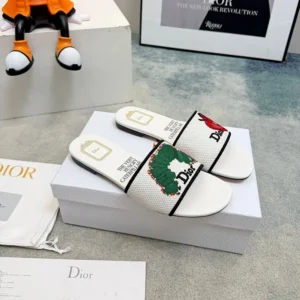 Dior Women Dway Slide White Embroidered Cotton and Multicolor Book Cover Motif