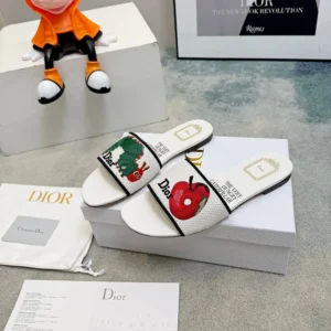 Dior Women Dway Slide White Embroidered Cotton and Multicolor Book Cover Motif
