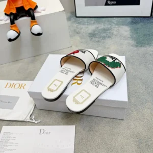 Dior Women Dway Slide White Embroidered Cotton and Multicolor Book Cover Motif
