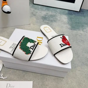 Dior Women Dway Slide White Embroidered Cotton and Multicolor Book Cover Motif