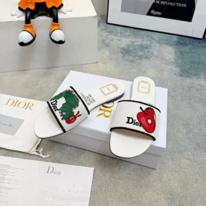 Dior Women Dway Slide White Embroidered Cotton and Multicolor Book Cover Motif