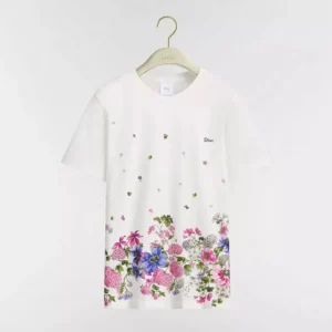 Dior Women Embroidered Fitted T-Shirt White Cotton Jersey with Multicolor Dior Hortensia Garden Motif