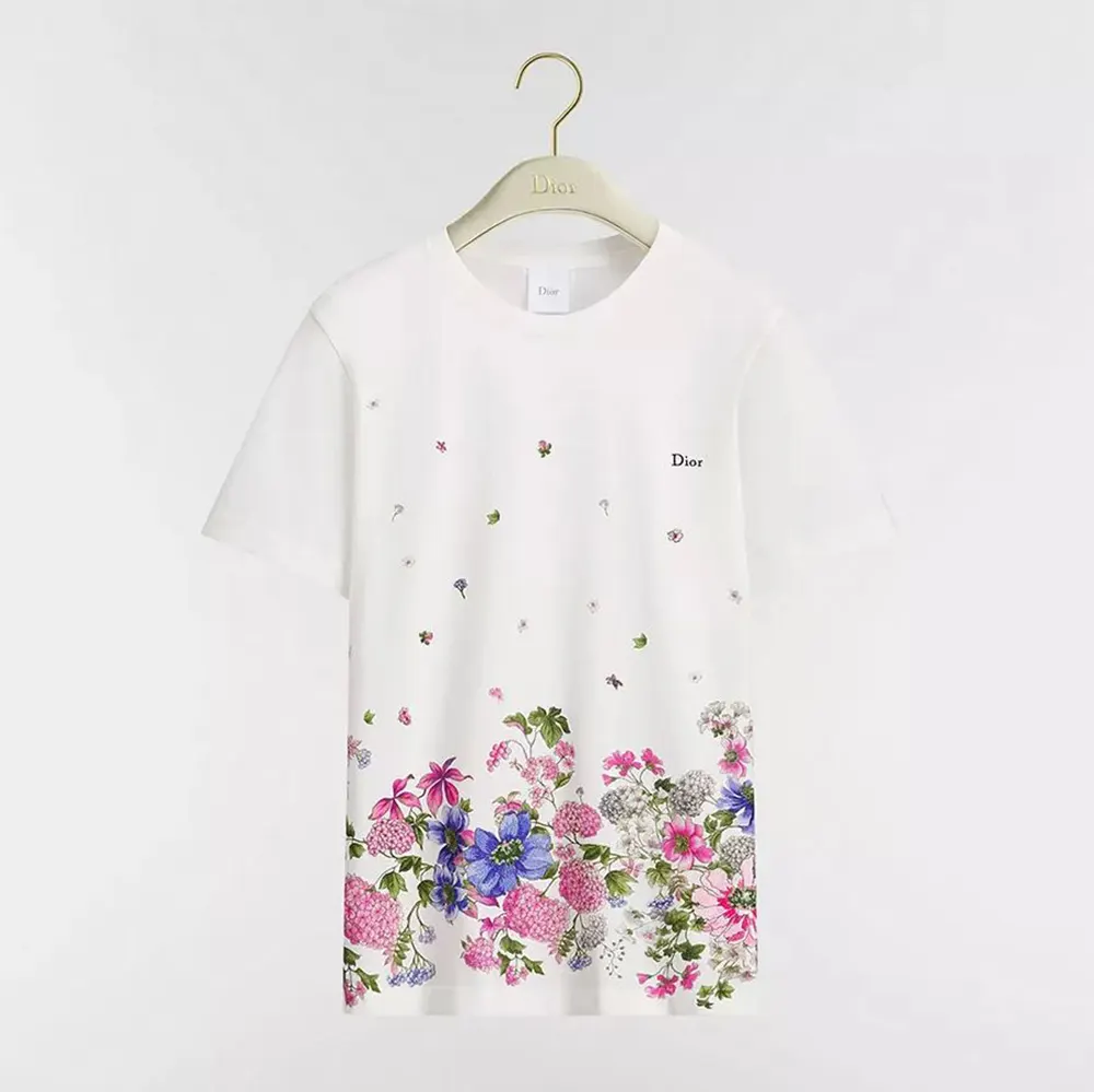 Dior Women Embroidered Fitted T-Shirt White Cotton Jersey with Multicolor Dior Hortensia Garden Motif