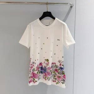 Dior Women Embroidered Fitted T-Shirt White Cotton Jersey with Multicolor Dior Hortensia Garden Motif