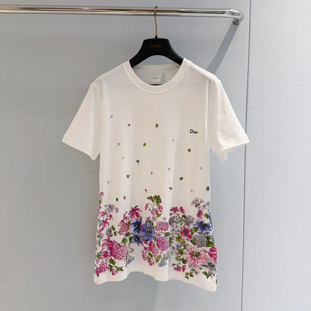 Dior Women Embroidered Fitted T-Shirt White Cotton Jersey with Multicolor Dior Hortensia Garden Motif