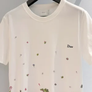 Dior Women Embroidered Fitted T-Shirt White Cotton Jersey with Multicolor Dior Hortensia Garden Motif