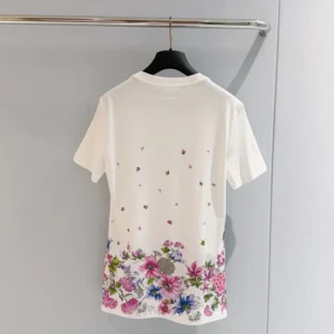 Dior Women Embroidered Fitted T-Shirt White Cotton Jersey with Multicolor Dior Hortensia Garden Motif
