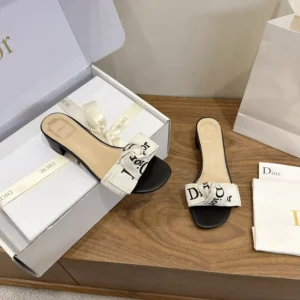 Dior Women J'Adior Heeled Slide Black Embroidered Cotton KDO708LEC