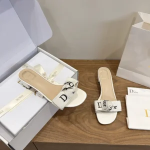 Dior Women J'Adior Heeled Slide Ivory Embroidered Cotton KDO708LEC