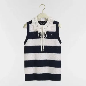 Dior Women Marinière Sweater Vest White and Navy Blue Openwork Cashmere Knit