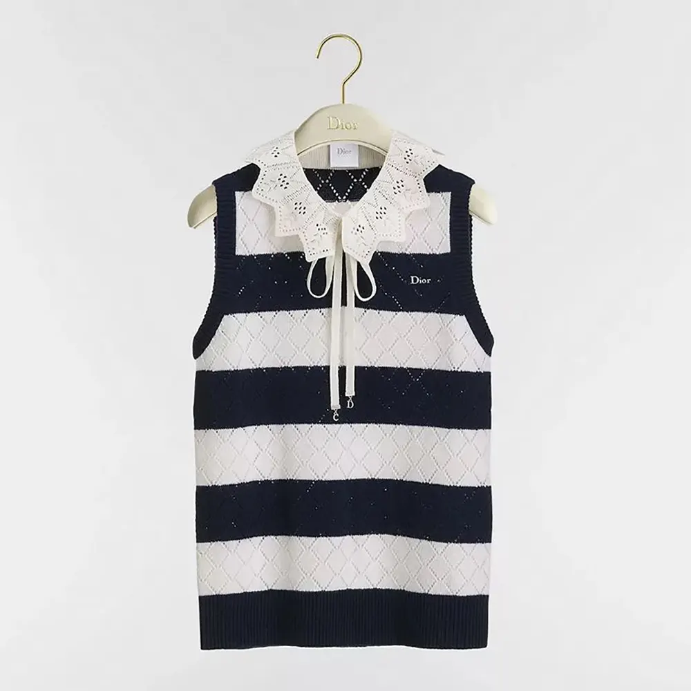 Dior Women Marinière Sweater Vest White and Navy Blue Openwork Cashmere Knit