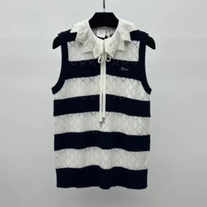Dior Women Marinière Sweater Vest White and Navy Blue Openwork Cashmere Knit