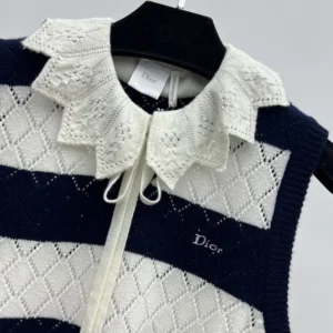 Dior Women Marinière Sweater Vest White and Navy Blue Openwork Cashmere Knit