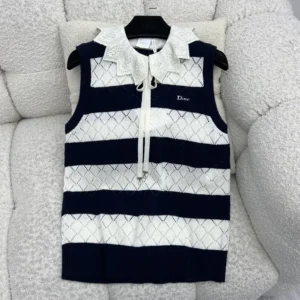 Dior Women Marinière Sweater Vest White and Navy Blue Openwork Cashmere Knit