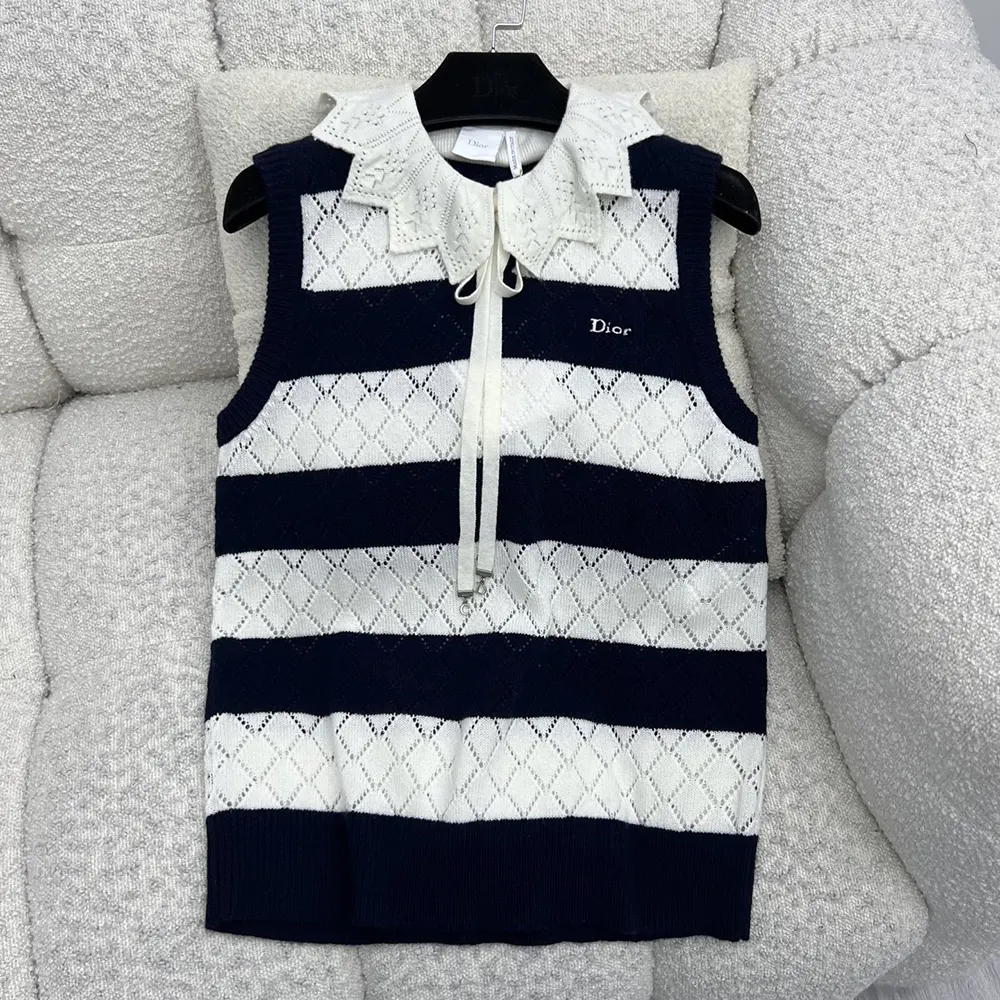 Dior Women Marinière Sweater Vest White and Navy Blue Openwork Cashmere Knit