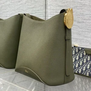 Dior Women Medium Dior Médaillon Bucket Bag Khaki Grained Calfskin