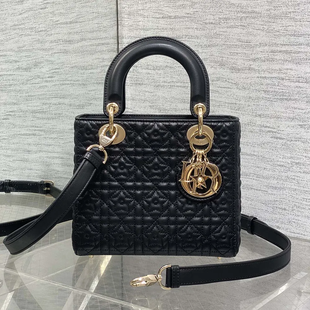 Dior Women Mini Lady Dior Dioramour Bag Black Cannage Lambskin with Star Motif