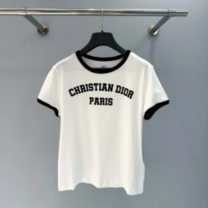 Dior Women T-Shirt White and Black Cotton and Linen Jersey 513T07B4222