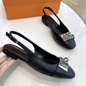 Hermes Women Gold Innocente Slingback with Kelly Buckle-Black