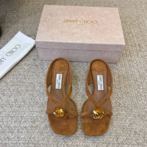 Jimmy Choo Women Emeri Stone 35 Tan Suede Sandals with Stone Detail