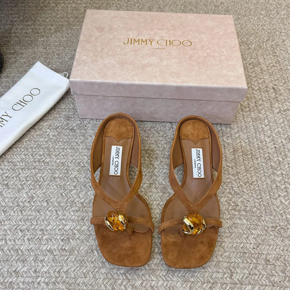 Jimmy Choo Women Emeri Stone 35 Tan Suede Sandals with Stone Detail