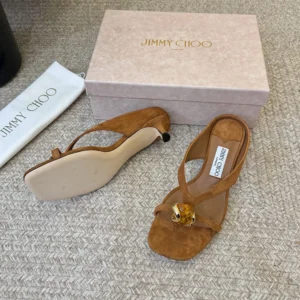Jimmy Choo Women Emeri Stone 35 Tan Suede Sandals with Stone Detail