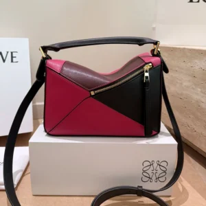 Loewe Unisex Small Puzzle Bag in Nappa Calfskin-Black/Burgundy