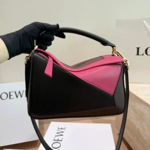 Loewe Unisex Small Puzzle Bag in Nappa Calfskin-Black/Burgundy