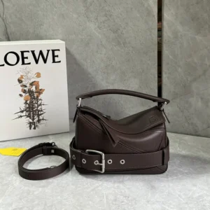 Loewe Unisex Small Puzzle Biker Bag in Shiny Calfskin-Dark Chestnut A510S21XC7