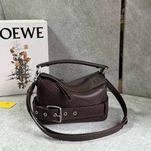 Loewe Unisex Small Puzzle Biker Bag in Shiny Calfskin-Dark Chestnut A510S21XC7