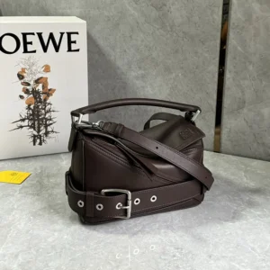 Loewe Unisex Small Puzzle Biker Bag in Shiny Calfskin-Dark Chestnut A510S21XC7