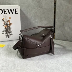 Loewe Unisex Small Puzzle Biker Bag in Shiny Calfskin-Dark Chestnut A510S21XC7