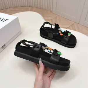 Loewe Women Pebble Beads Fussbett Sandal in Nappa Lambskin-Black LLPB465X05