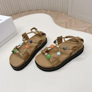 Loewe Women Pebble Beads Fussbett Sandal in Nappa Lambskin-Camel LLPB465X05