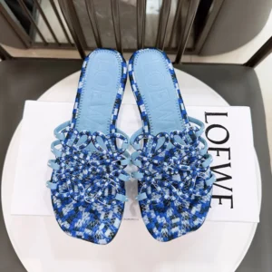 Loewe Women Petal Anagram Slide in Embroidered Canvas-Baby Blue LPEA465X11