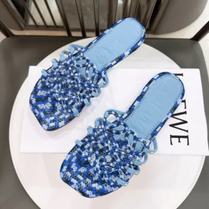 Loewe Women Petal Anagram Slide in Embroidered Canvas-Baby Blue LPEA465X11