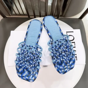 Loewe Women Petal Anagram Slide in Embroidered Canvas-Baby Blue LPEA465X11