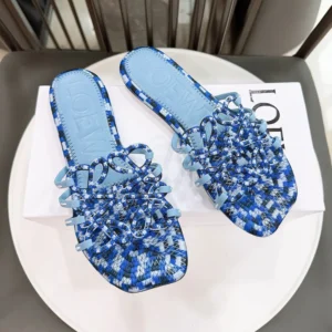 Loewe Women Petal Anagram Slide in Embroidered Canvas-Baby Blue LPEA465X11