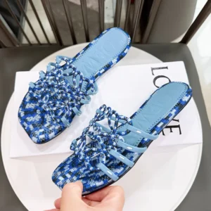 Loewe Women Petal Anagram Slide in Embroidered Canvas-Baby Blue LPEA465X11