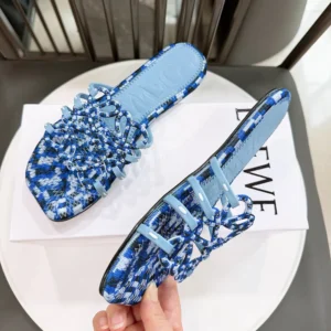 Loewe Women Petal Anagram Slide in Embroidered Canvas-Baby Blue LPEA465X11