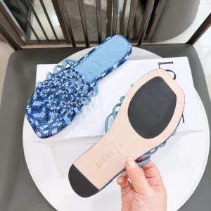 Loewe Women Petal Anagram Slide in Embroidered Canvas-Baby Blue LPEA465X11