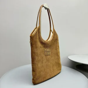 Miu Miu Women IVY Corduroy Bag with Leather Lettering Logo-Brown