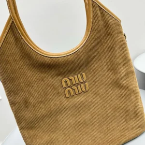 Miu Miu Women IVY Corduroy Bag with Leather Lettering Logo-Brown