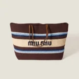 Miu Miu Women Raffia-Effect Woven Tote Bag-Cocoa Brown/Celeste/Natural