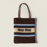 Miu Miu Women Raffia-Effect Woven Tote Bag-Cocoa Brown/Celeste/Natural 5BG248