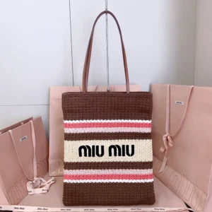 Miu Miu Women Raffia-Effect Woven Tote Bag-Tobacco/Strawberry/Natural 5BG248