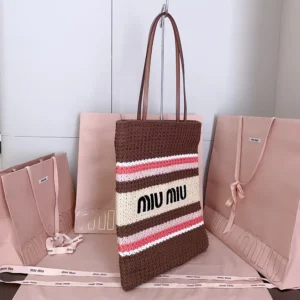 Miu Miu Women Raffia-Effect Woven Tote Bag-Tobacco/Strawberry/Natural 5BG248