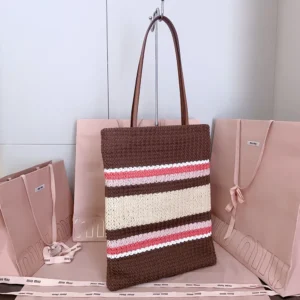 Miu Miu Women Raffia-Effect Woven Tote Bag-Tobacco/Strawberry/Natural 5BG248