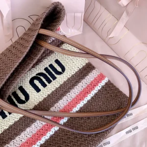 Miu Miu Women Raffia-Effect Woven Tote Bag-Tobacco/Strawberry/Natural 5BG248