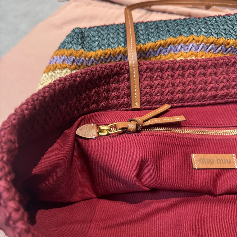 Miu Miu Women Raffia-effect Woven Tote Bag-Bordeaux 5BG228 9 Miu Miu Women Raffia-effect Woven Tote Bag-Bordeaux 5BG228